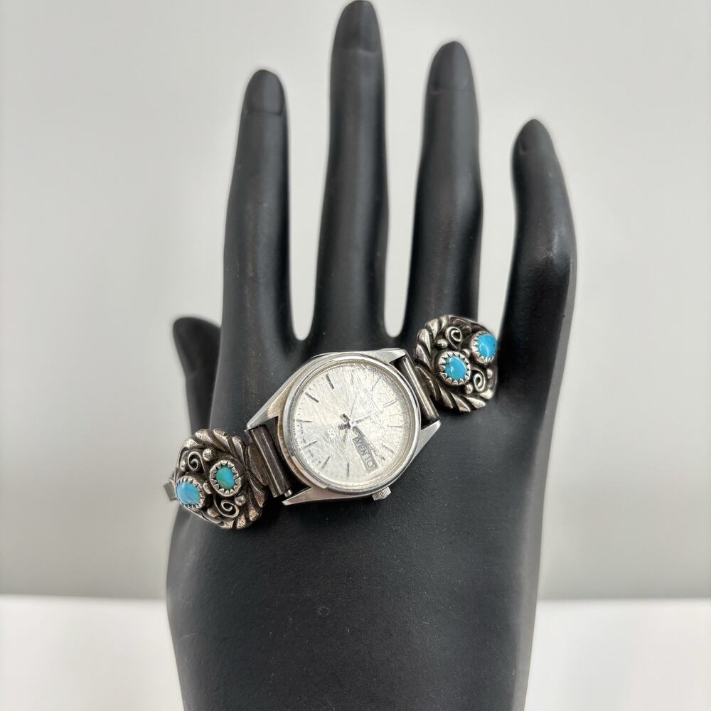 Vtg Seiko Quartz Watch Sterling Silver Turquoise Watch Tips Southwestern Navajo - Picture 4 of 13
